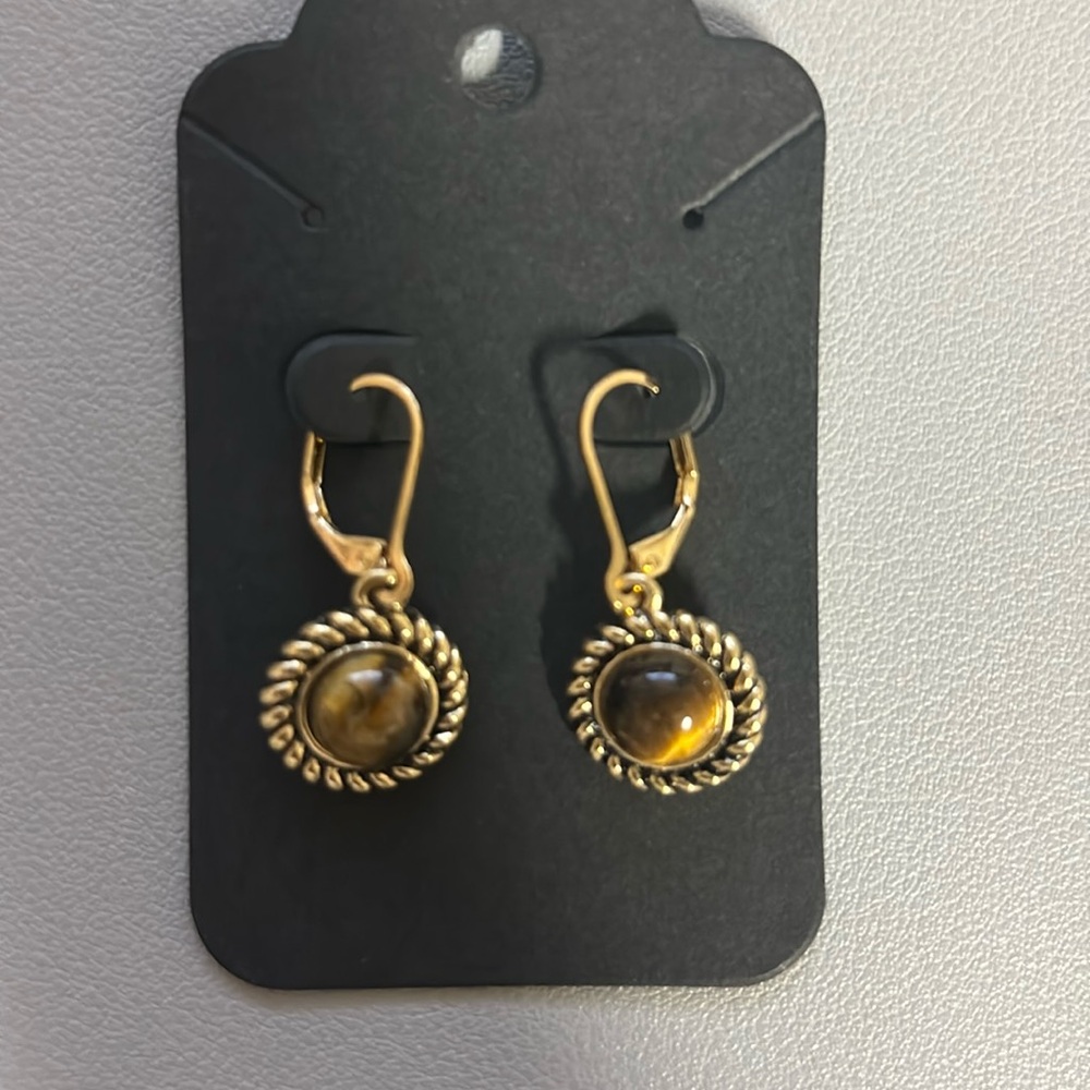 Vintage Style Tiger's Eye Brass Style Leverback Drop Earrings